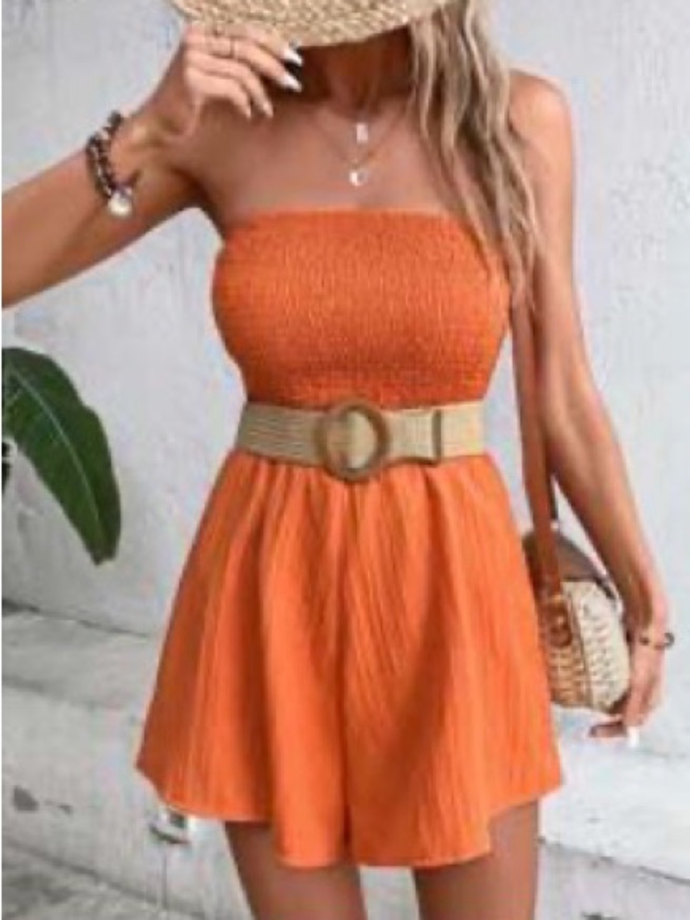 SHEIN Orange Strapless Smocked Romper